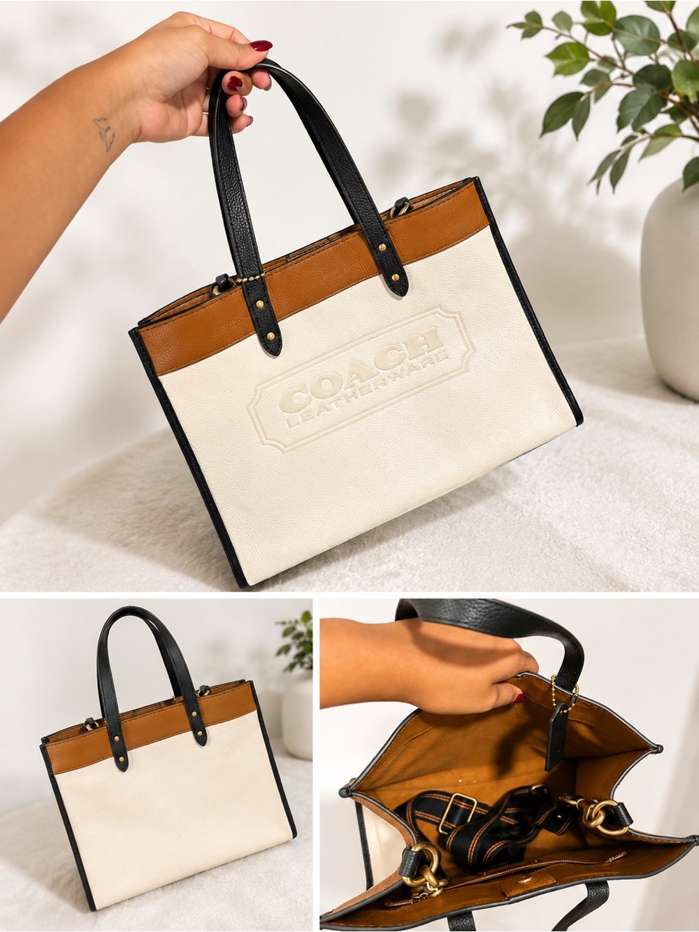 Coach Two-Tone Cream and Brown Canvas Tote with Black Trim